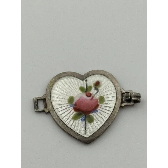 Vintage Sterling Silver Enamel Rose Flower Heart Link Piece For Parts Repair - Picture 3 of 7